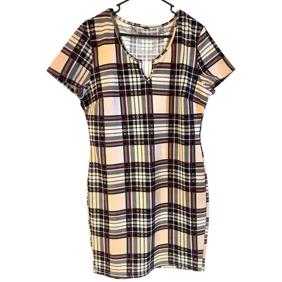 SHEIN Plaid Short Sleeve Shift Dress With Keyhole Neckline Beige/Black/Red M/L - Picture 1 of 8